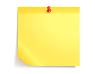 Yellow square sticky note pinned on white, with slightly curled corner