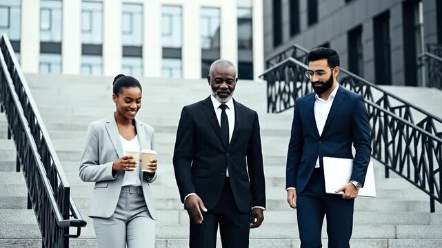 Diverse business professionals descending modern office steps, engaging in dynamic conversation, symbolizing corporate collaboration, teamwork, and urban career progression - Powered by Adobe