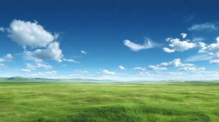 Vast Green Meadow Under Clear Blue Sky with Fluffy White Clouds, Tranquil and Serene Nature Landscape, Perfect for Outdoor and Nature Themes