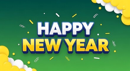Happy new year text with falling confetti and festive yellow and white cloud elements on a green background celebrating the start of a new year with joy and excitement