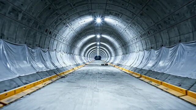 Concrete Tunnel Under Construction with Support and Lighting