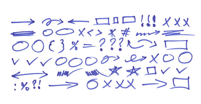 Marker drawn arrows, swirls and scribbled shapes. Hand drawn doodle dividers, rectangle brush strokes, underline markers collection.