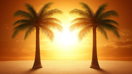 Tropical palm tree sunset beach landscape, warm golden sky, peaceful and serene mood