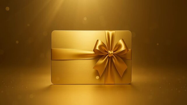 Delivery christmas gifts. Golden Gift Card with Shiny Bow on Warm Background Evokes Luxury and Celebration for Special Occasions and Gifting