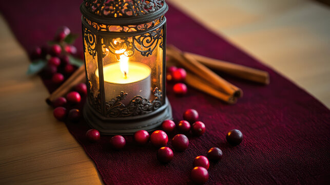 Ornate lantern with lit candle sits amidst cranberries and cinnamon sticks on burgundy table runner, creating cozy ambience.