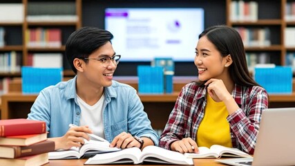 Cheerful Asian university students studying together, sharing ideas and knowledge in a campus library - Powered by Adobe