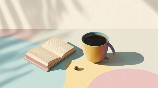 Minimal pastel scene with coffee cup and open book in morning light. Cozy and aesthetic lifestyle composition for reading, relaxation, and creative workspace concepts. - Powered by Adobe