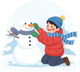 Boy Building a Snowman Outdoors Winter Holiday Scene 