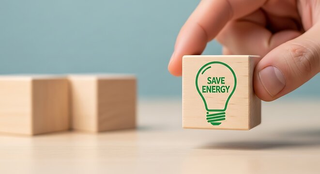 Hand holding a wooden block with a light bulb icon and the words save energy printed on it, symbolizing ecofriendly power