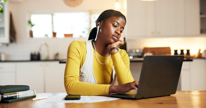 Burnout, laptop and remote work with black woman in home office for small business fatigue. Computer, tired and typing with bored African freelancer in apartment for frustration as entrepreneur - Powered by Adobe