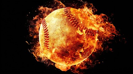 baseball. Baseball with dramatic fiery effect isolated on pure black background with intense flames. event key visuals, club posters, designed for sports event promotions and stadium branding.