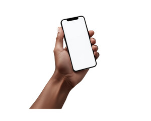 Hand holding a modern smartphone with blank white screen isolated on transparent background