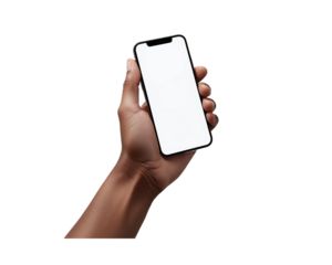 Hand holding a modern smartphone with blank white screen isolated on transparent background