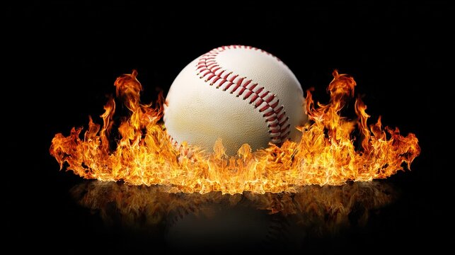 baseball. Baseball with dramatic fiery effect isolated on pure black background with intense flames. event key visuals, club posters, designed for sports event promotions and stadium branding.