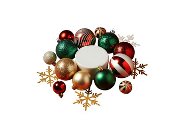 Festive Christmas ornaments and golden snowflakes create a joyous holiday scene perfect for seasonal advertising campaigns and celebratory visuals