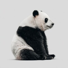 Fototapeta premium A charming baby panda bear sits in a studio setting, showcasing its iconic black and white markings