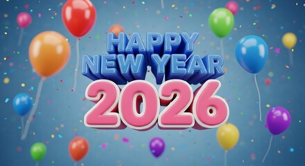 Happy new year 2026 celebration with colorful balloons and confetti creating a festive and joyful atmosphere for holiday greetings and event promotion