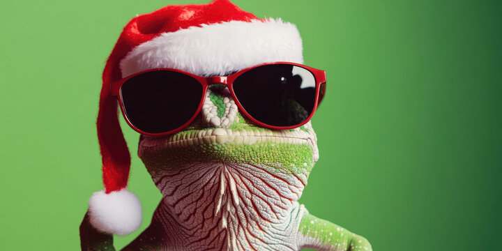 Merry Christmas concept holiday vacation winter animal pet greeting card - Cool chameleon with sunglasses and santa claus hat, isolated on green background - Powered by Adobe