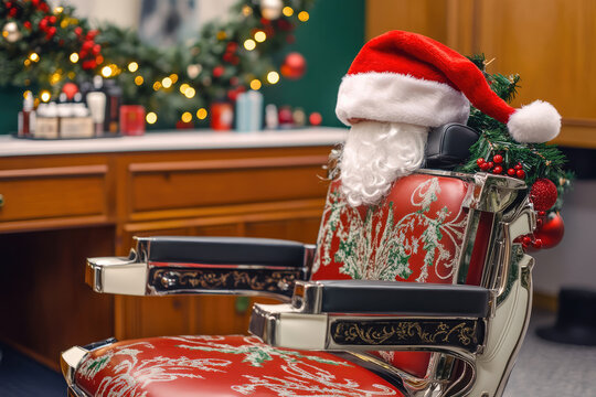 Christmas-themed barber chair with festive decorations and Santa hat