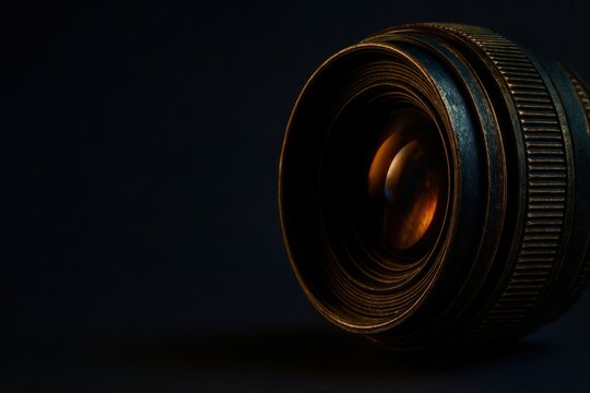 A camera lens is shown in a black background
