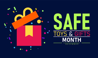 Safe Toys and Gifts Month Poster Banner and Background Abstract Design Template Featuring Colorful Toys Gift Boxes and Ribbon Illustration for Child Safety Awareness Holiday Giving and Family Protecti