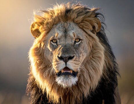 A majestic lion stares directly at the viewer with its open mouth and striking mane, the sunlight enhancing features