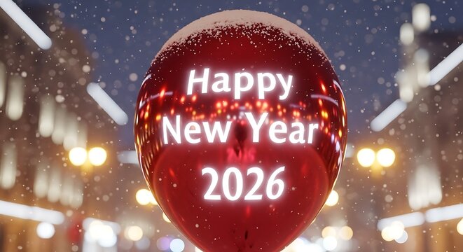 Festive red ornament with happy new year 2026 text and falling snow illuminated by bokeh lights on a city street at night perfect for holiday celebrations and winter greetings