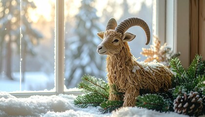Festive goat statue on a snowy windowsill with winter scenery.