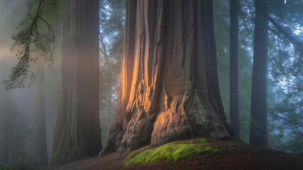 Misty redwood forest with sunbeam illuminating a giant tree trunk