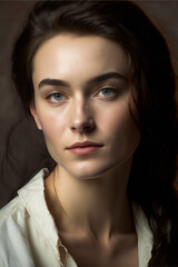 Elegant European Ukrainian white woman portrait with blue eyes, studio close-up