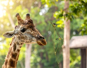 Obraz premium Close-up of a giraffe's head with a tiny bird perched on a branch in a bright, green environment