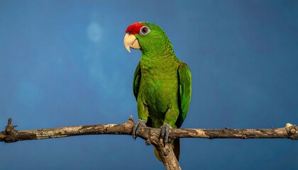 Fototapeta premium Green parrot with red forehead perched on branch against solid blue background in vivid profile