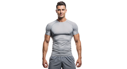 Fit male model poses confidently in athletic wear, showcasing strength and fitness