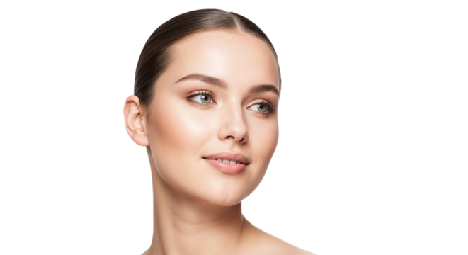 Beautiful woman with natural makeup showing a serene expression against a plain background