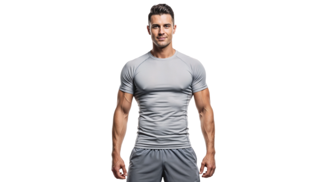 Fit male model poses confidently in athletic wear, showcasing strength and fitness