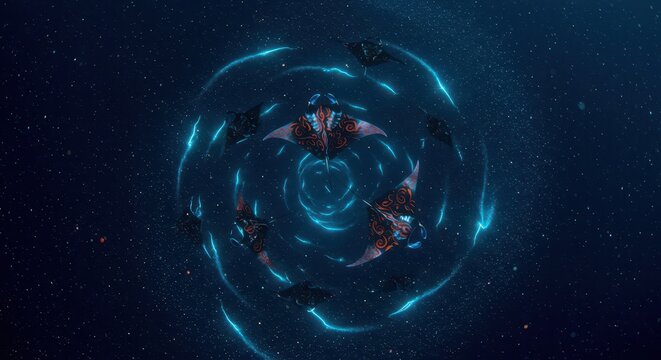 Several stylized oceanic creatures form a glowing vortex in a dark celestial environment