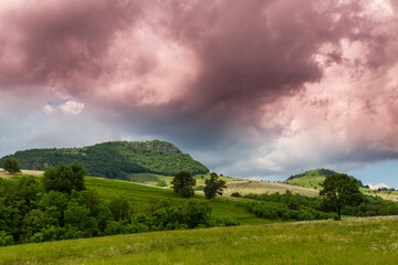 Beautiful mountain scenery with wavy wild grass fields in spring, in a wild area in Europe