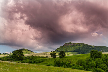 Beautiful mountain scenery with wavy wild grass fields in spring, in a wild area in Europe
