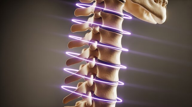 Closeup of a human cervical spine with glowing purple rings