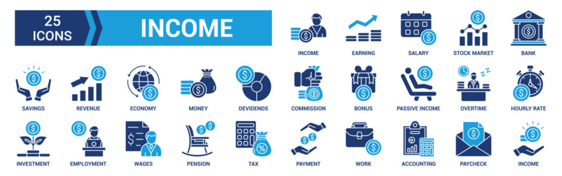 Income icon set. Containing money, tax, earnings, payment, accounting, paycheck, work, pension and wages icons. Solid icon collection. Vector illustration.
