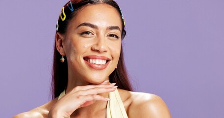 Portrait, confident and woman with makeup in studio for beauty, natural shine and makeover. Mockup...