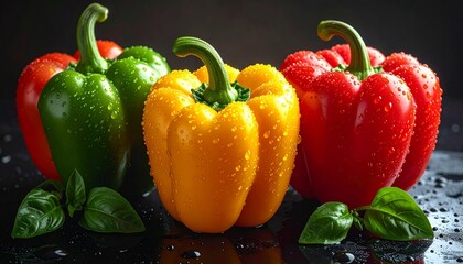 Four fresh bell peppers with water droplets on dark surface showcasing vibrant color and culinary freshness