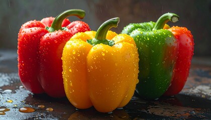 Four fresh bell peppers with water droplets on dark surface showcasing vibrant color and culinary freshness