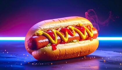 Stylized hot dog with mustard on vibrant pink-blue gradient background and glowing light strip for editorial food photography retro pop art decor and poetic indulgence-themed visuals