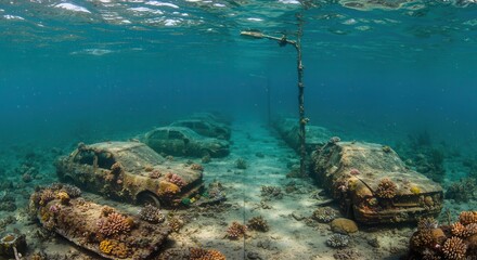 Obraz premium Submerged vintage automobiles host thriving marine growth on the ocean floor