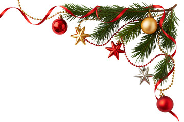 Festive Christmas tree branch adorned with red and gold ornaments, stars, and ribbons, creating a joyful holiday mood