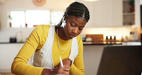 Student, black woman and writing in home for study, online education or university research...