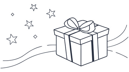 A line art drawing of a gift box with a bow, surrounded by stars and wavy lines, perfect for coloring.