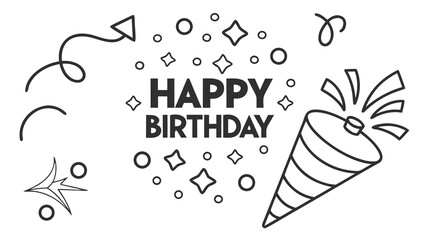 Black and white line art illustration of 'Happy Birthday' text surrounded by confetti, stars, and a bursting party popper, perfect for celebrations.
