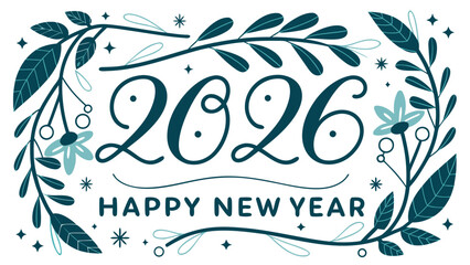 Happy New Year 2026 greeting card design with elegant botanical frame and festive typography.